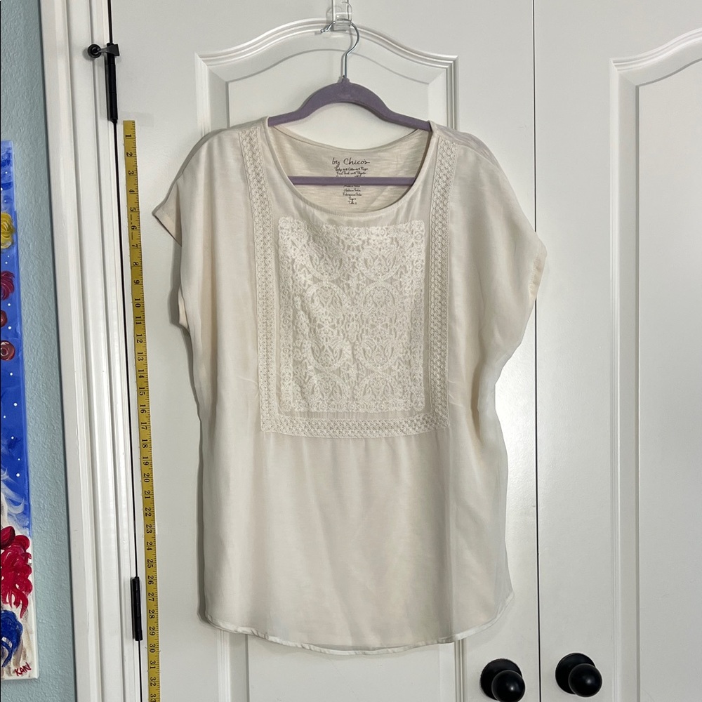 Chico's Cream Lace-Front Short Sleeve Blouse